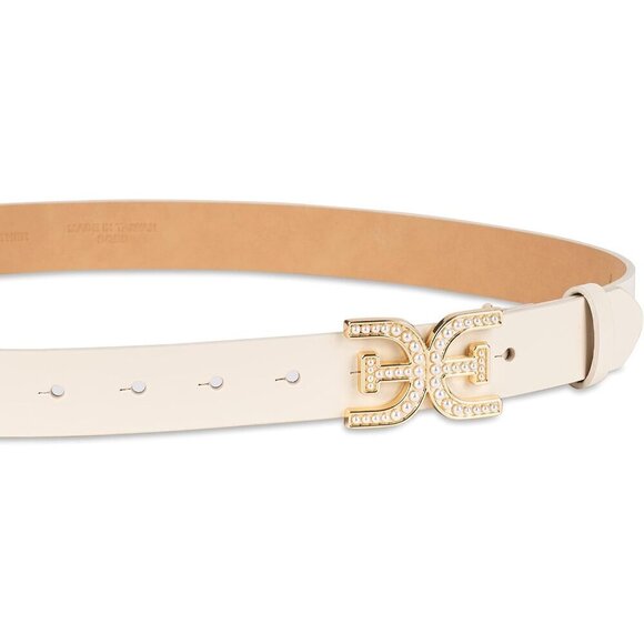 Women\'s Leather Belt Imitation Pearl Embellished Double-E Logo Buckle Dress